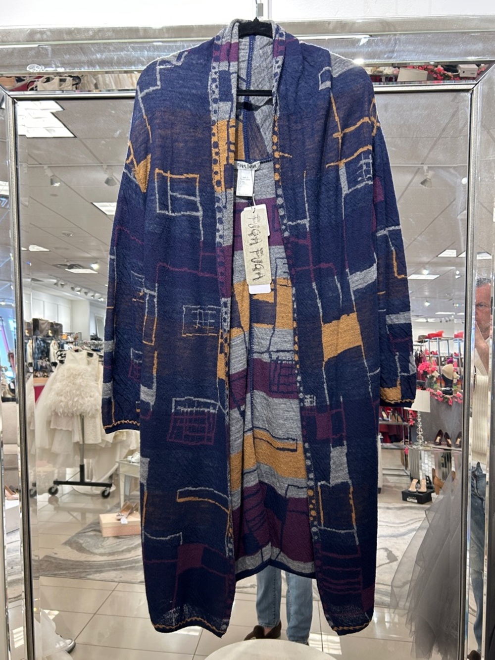 FUGA FUGA Long Open Front Patterned Cardigan Coatigan - Navy Multi